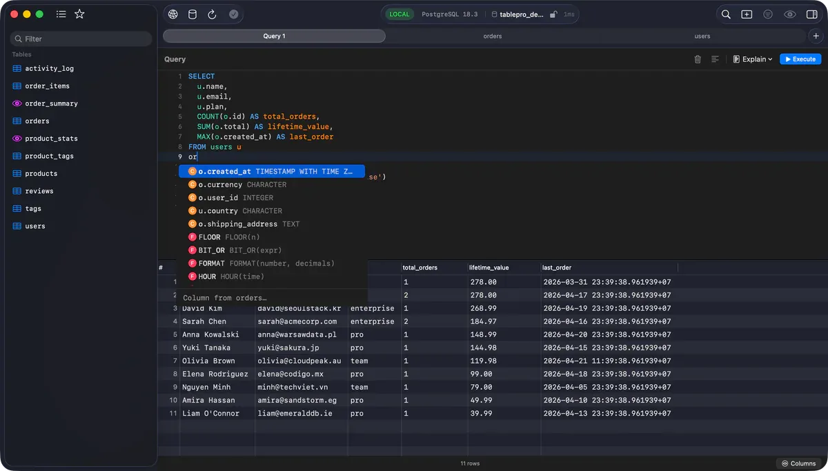 TablePro SQL editor với autocomplete