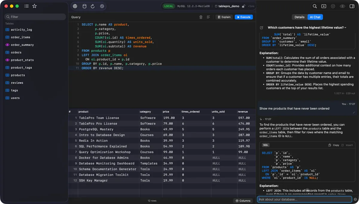 TablePro AI assistant natural language queries