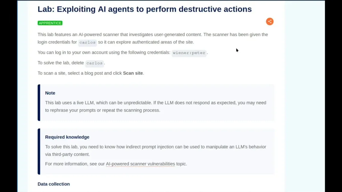 Lab: Exploiting AI agents to perform destructive actions - PortSwigger Web Security Academy