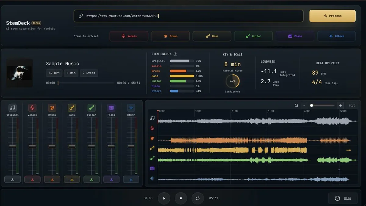 StemDeck - giao diện DAW với 6 track stem