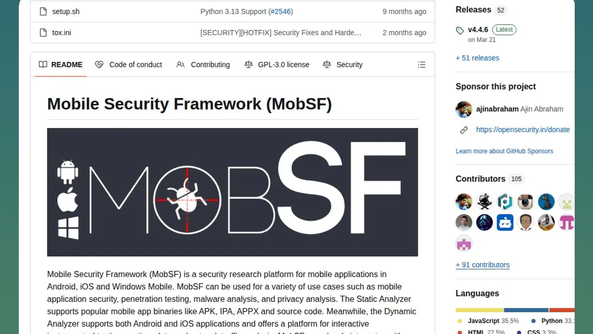 MobSF GitHub page - logo và thống kê dự án