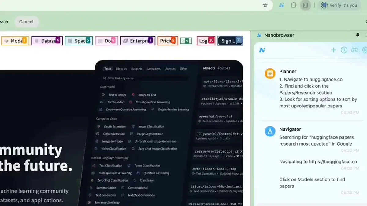 Nanobrowser agent tự động hóa HuggingFace với Planner và Navigator chạy trong browser
