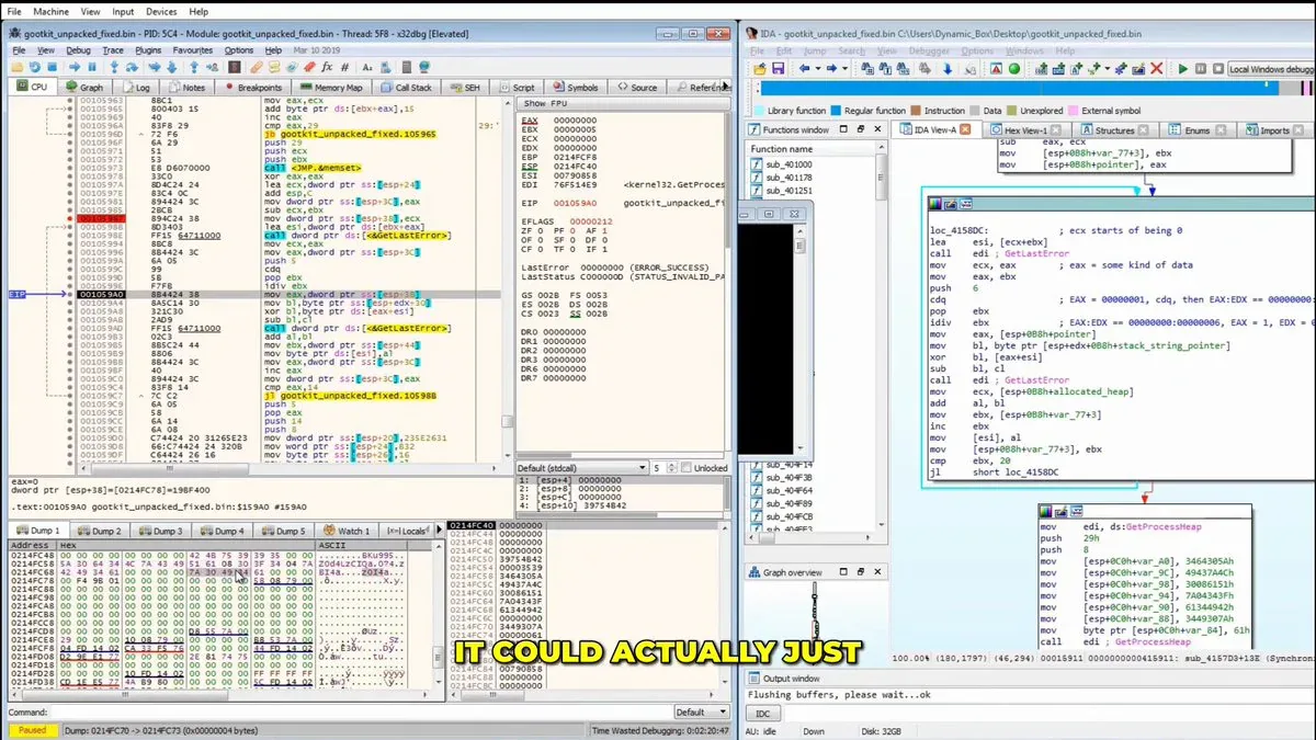GuidedHacking - màn hình debugger x32dbg và IDA Pro khi reverse engineering