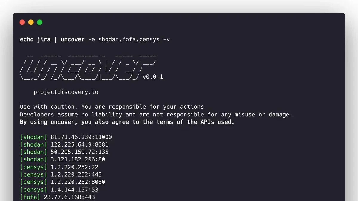 Uncover terminal demo - query Shodan, FOFA, Censys cùng lúc và in kết quả ip:port ra stdout