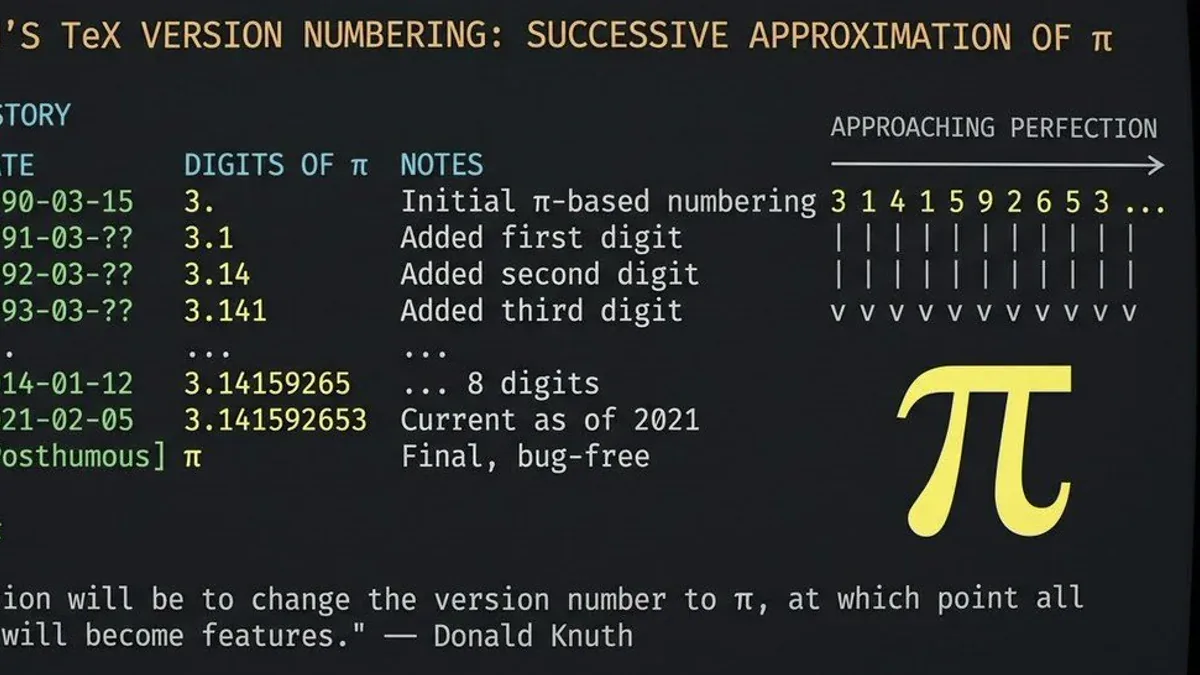 TeX version history approaching pi - Donald Knuth's successive approximation scheme