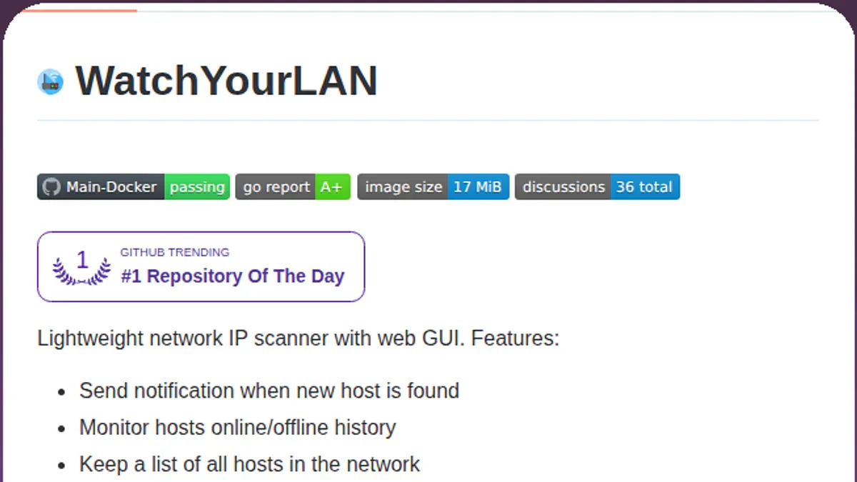WatchYourLAN web dashboard showing network device list