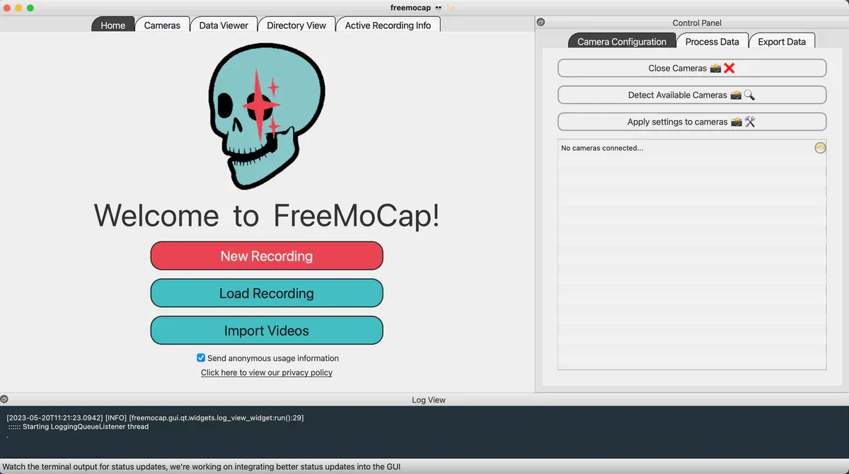 Giao diện FreeMoCap GUI - màn hình New Recording