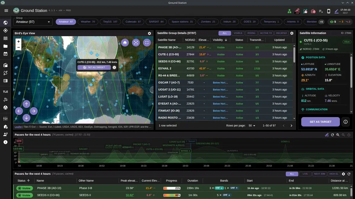 Ground Station web UI - satellite tracking dashboard với map và danh sách pass