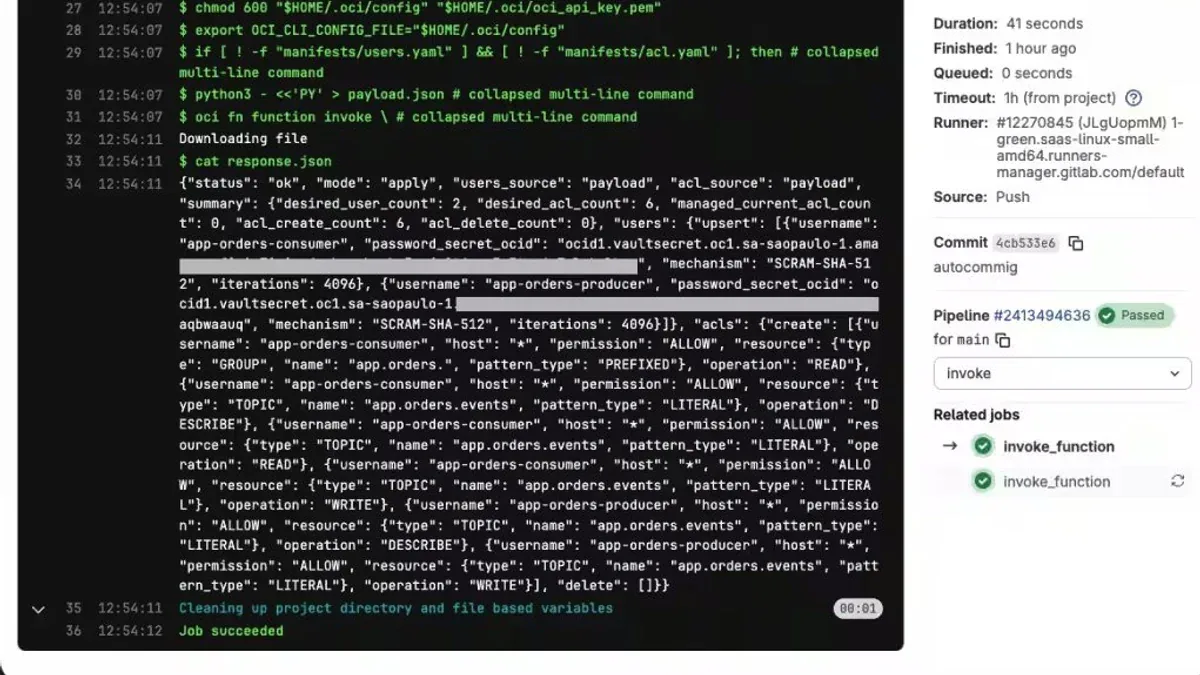 GitLab CI pipeline chạy job fn-sync-kafka-acl - kết quả JSON cho thấy 6 ACL được tạo thành công trong 41 giây