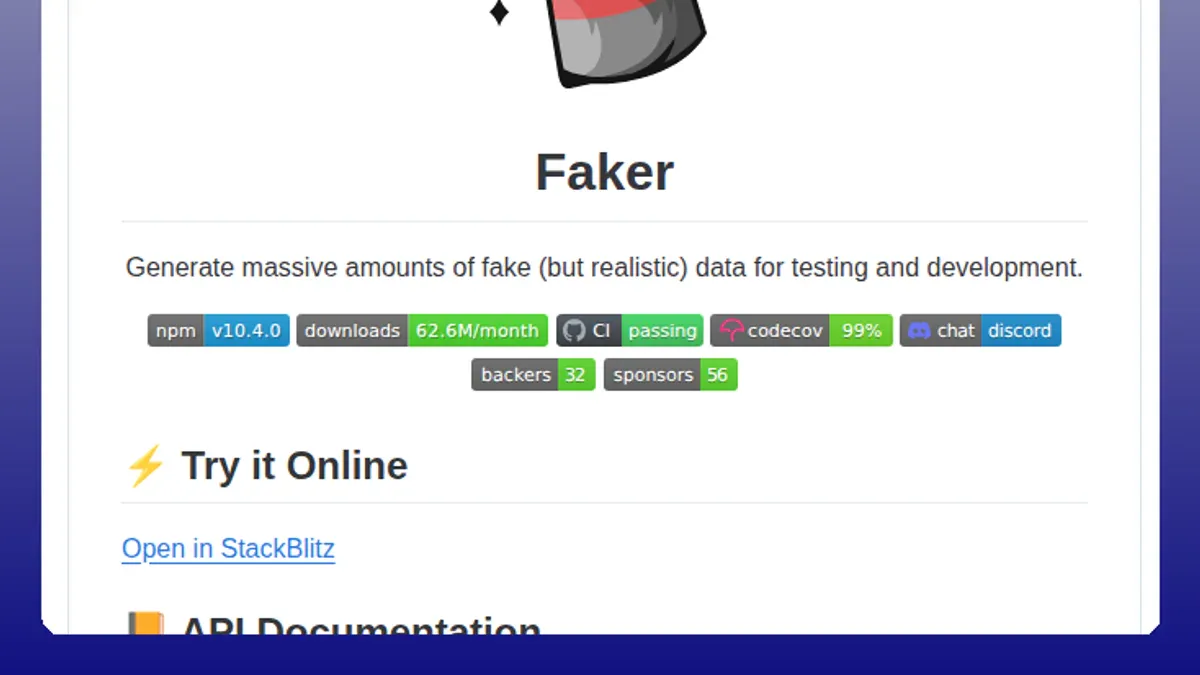 Faker.js GitHub README - npm v10.4.0, 62.6M downloads/month