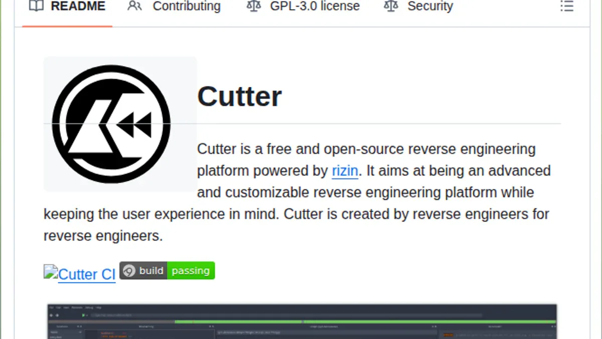 Cutter reverse engineering platform - giao diện dark theme với disassembly và graph view