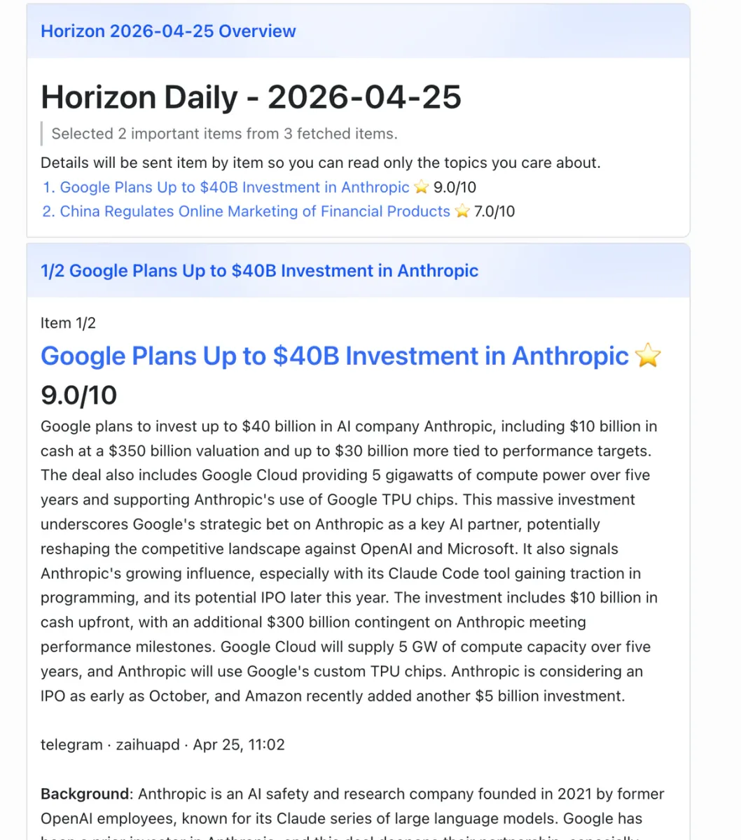 Horizon gửi briefing qua Feishu với điểm số và tóm tắt chi tiết