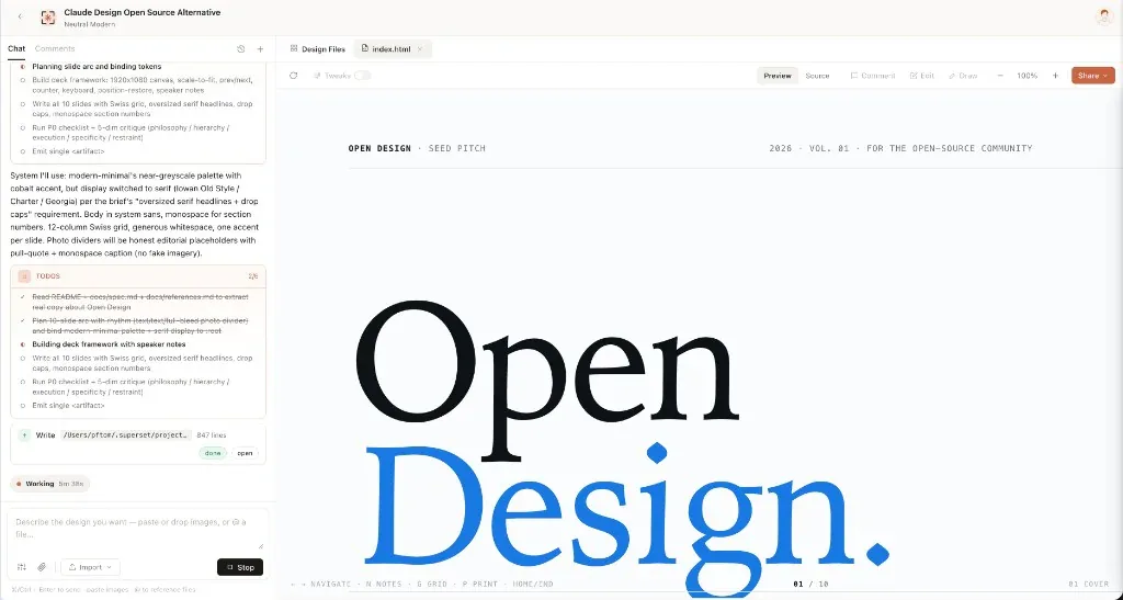 Open Design preview - agent đang tạo slide deck trong live chat