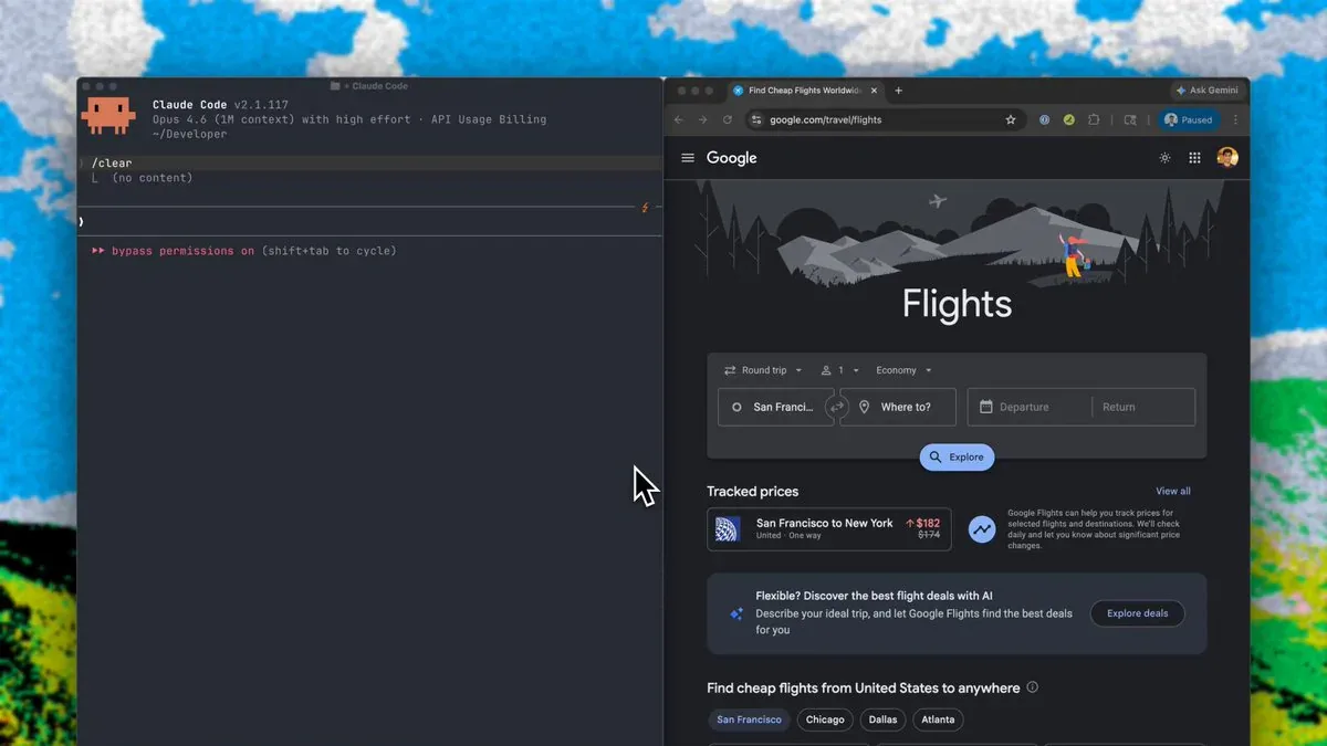 autobrowse skill chạy trong Claude Code bên cạnh Google Flights