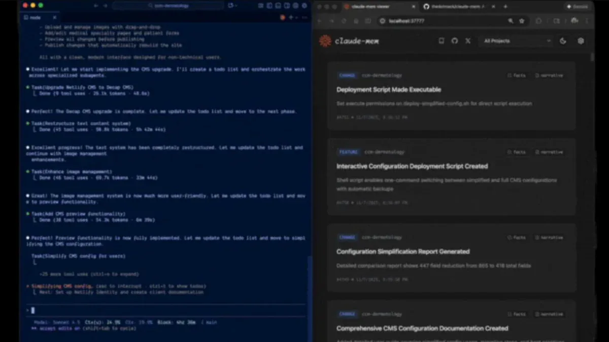 Claude Code chạy 5 task tự động xây CMS với claude-mem viewer theo dõi real-time