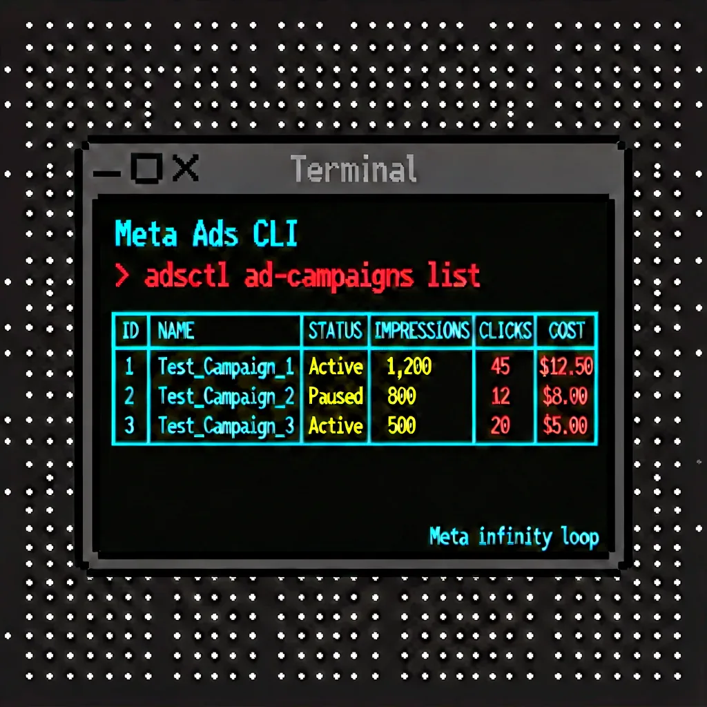 Meta Ads CLI terminal hiển thị danh sách chiến dịch