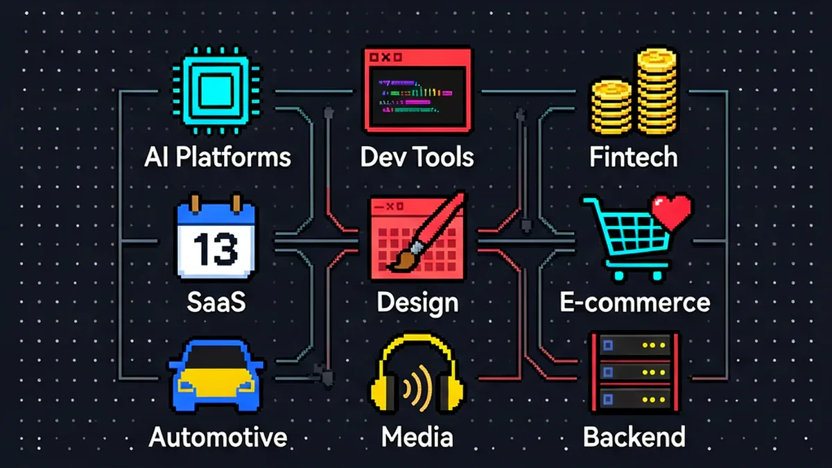8 category trong bộ sưu tập awesome-design-md: AI Platforms, Dev Tools, Fintech, SaaS, Design, E-commerce, Automotive, Media, Backend