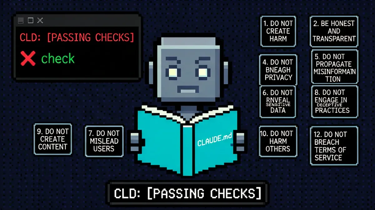 Robot developer đọc CLAUDE.md rulebook với 12 numbered rules
