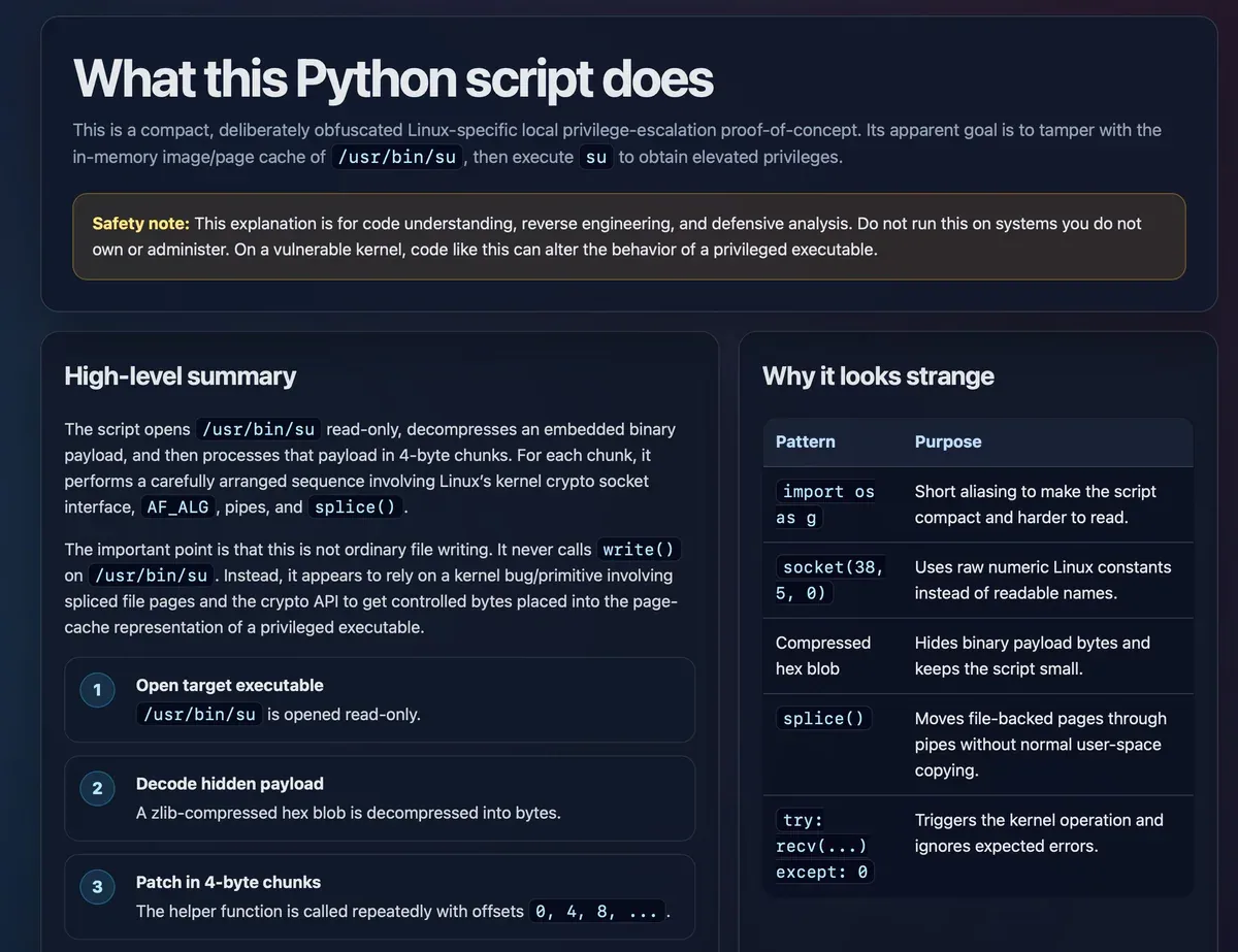 Screenshot HTML output giải thích Python script được Claude Code tạo ra - dark theme, bố cục có cấu trúc với summary, bảng so sánh, và numbered steps