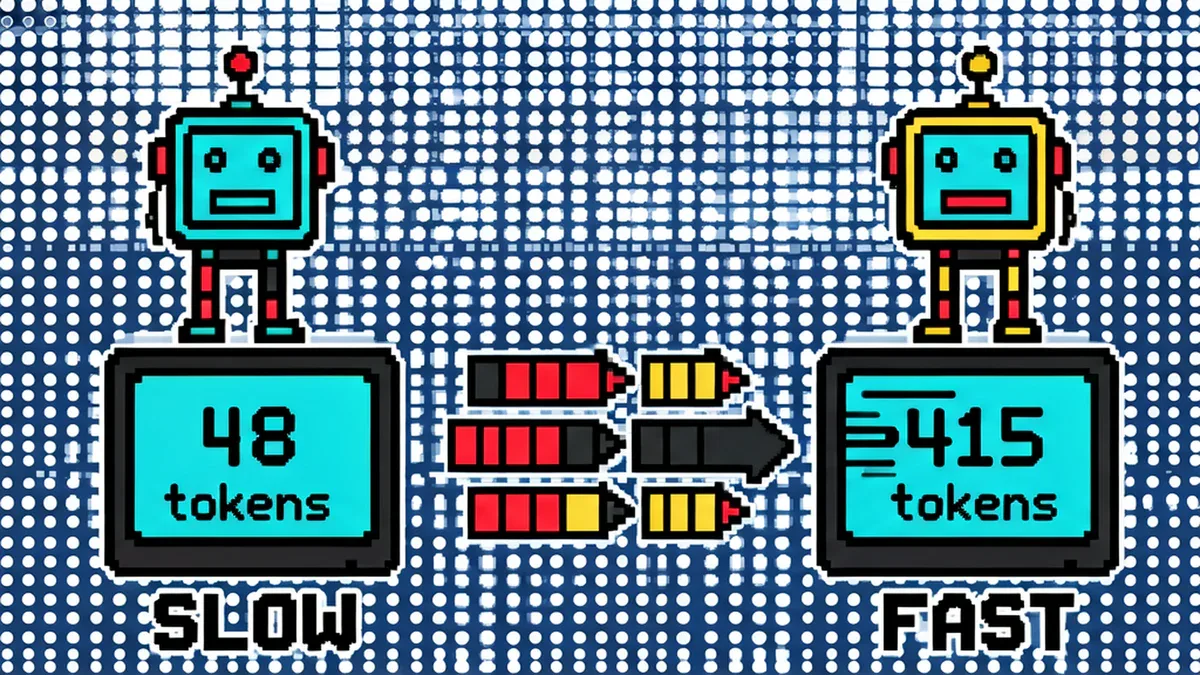 Minh họa: robot SLOW 48 tokens vs robot FAST 415 tokens với DFlash