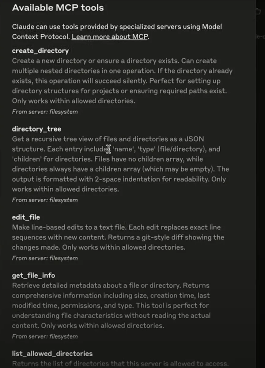 Danh sách MCP filesystem tools: create_directory, directory_tree, edit_file, get_file_info