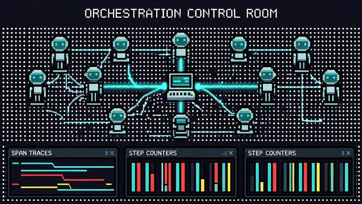 Orchestration control room với span traces và step counters - kiến trúc harness production-grade