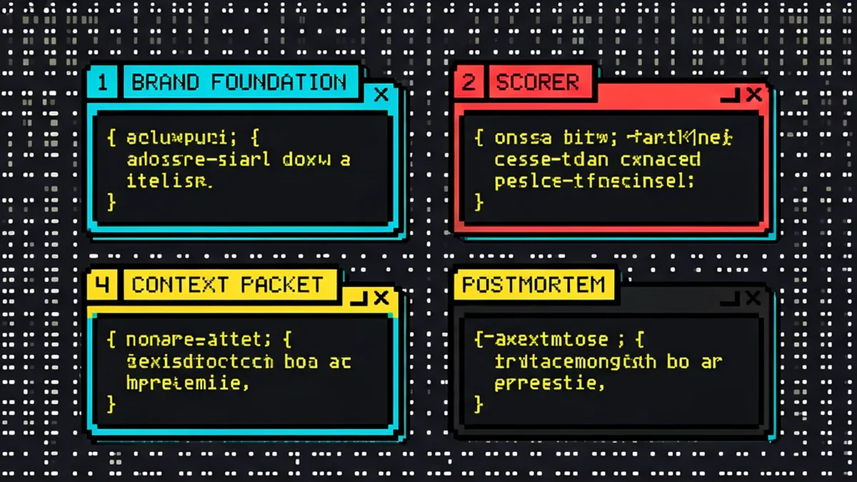 Bốn prompt sẵn dùng: Brand Foundation, Scorer, Context Packet, Postmortem