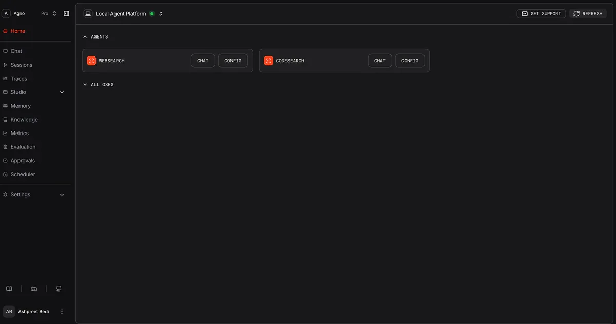 AgentOS Control Plane UI - WEBSEARCH và CODESEARCH agents