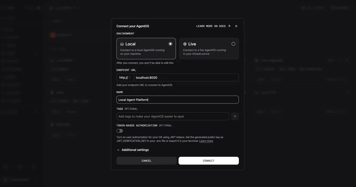 AgentOS Connect dialog - Local và Live environment với JWT auth