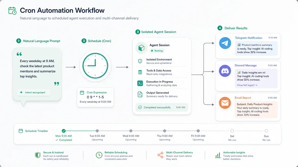Cron automation workflow: natural language prompt → scheduler → isolated agent session → Telegram/Discord/Email delivery