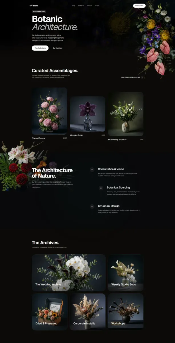 Floria - landing page example built with Taste Skill, dark botanical aesthetic