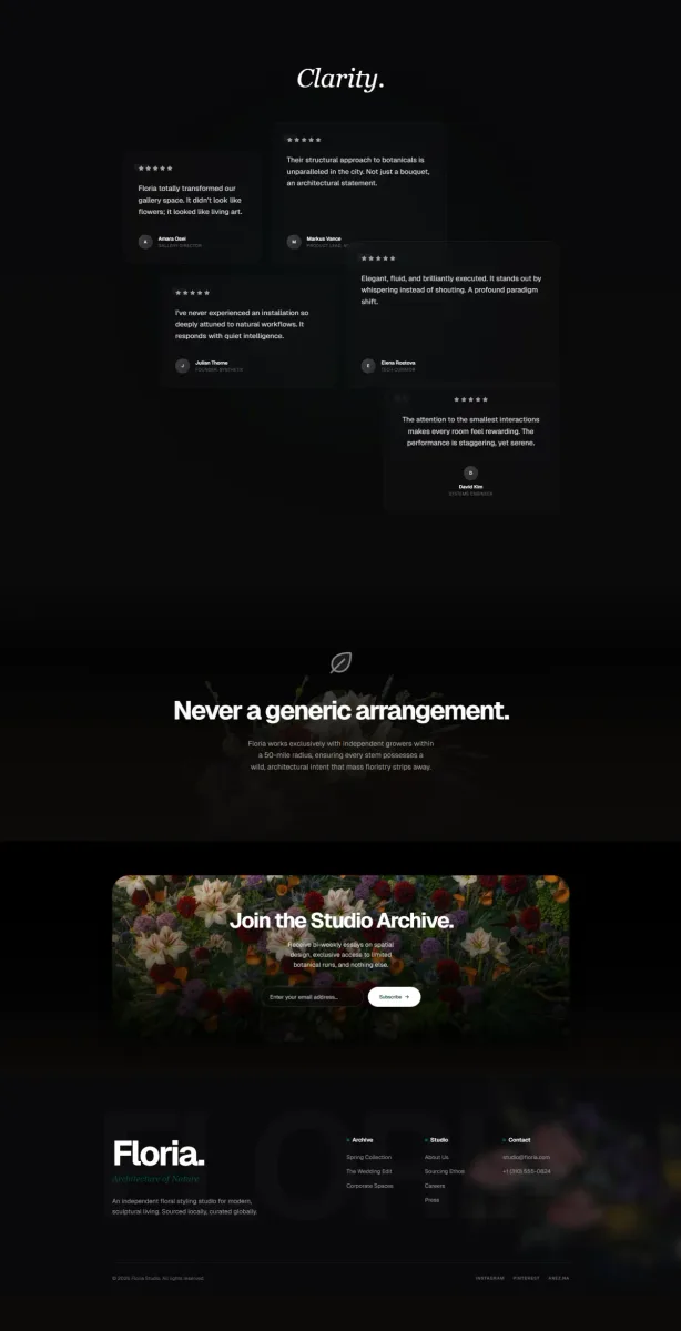 Floria bottom section - Taste Skill showcase với typography và layout không generic