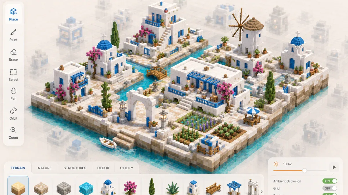 Mykonos Island Voxels - giao diện trình xây dựng đảo isometric với city scene đầy đủ