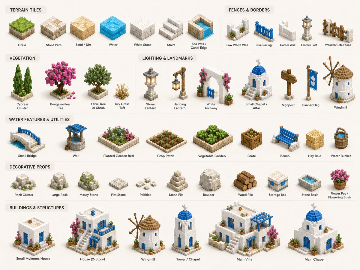 Asset palette reference - 75+ painterly assets phân loại thành terrain, vegetation, props, buildings