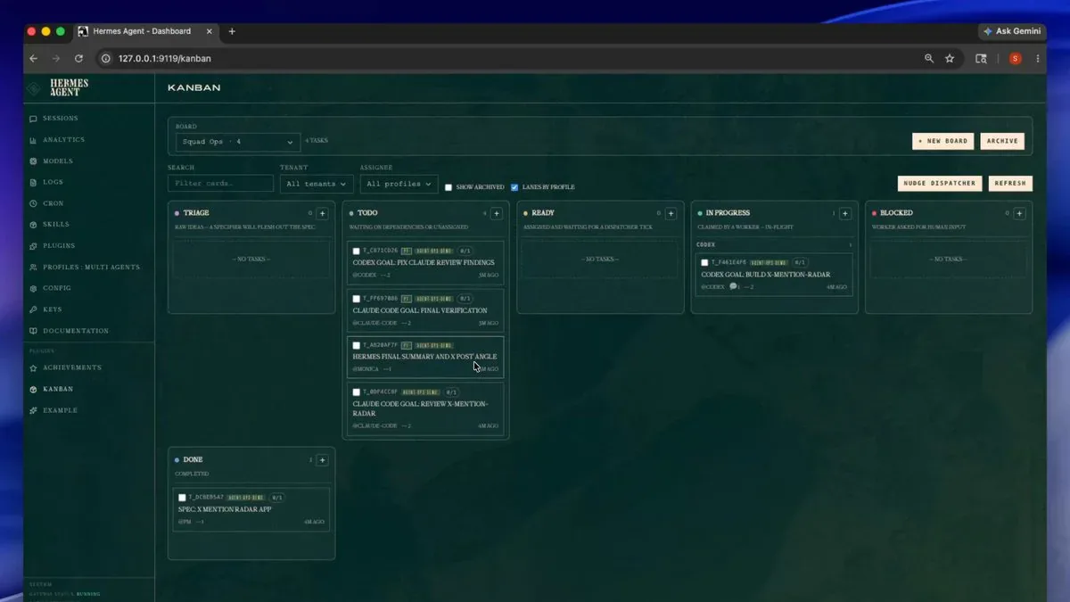 Hermes Agent Kanban dashboard với Codex và Claude Code agents