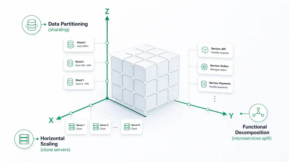 Scale Cube: 3 trục X (Horizontal Scaling), Y (Functional Decomposition), Z (Data Partitioning)