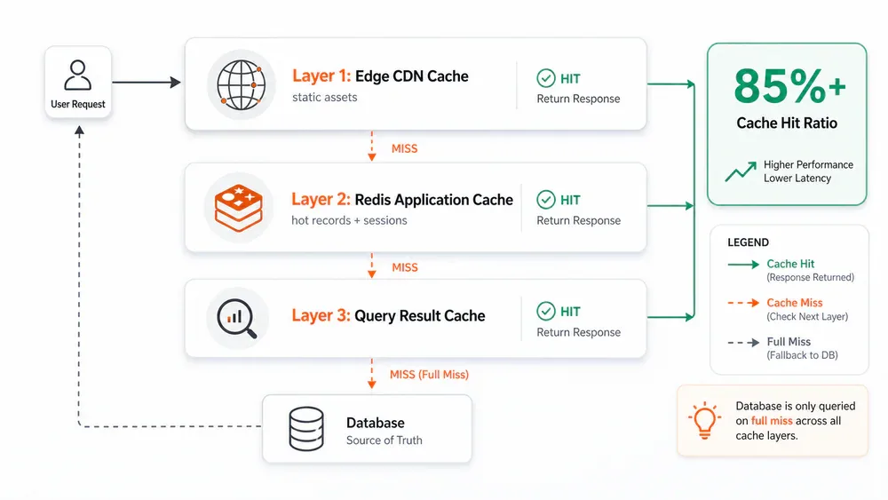 Multi-layer caching: Edge CDN, Redis Application Cache, Query Result Cache với cache hit ratio 85%+