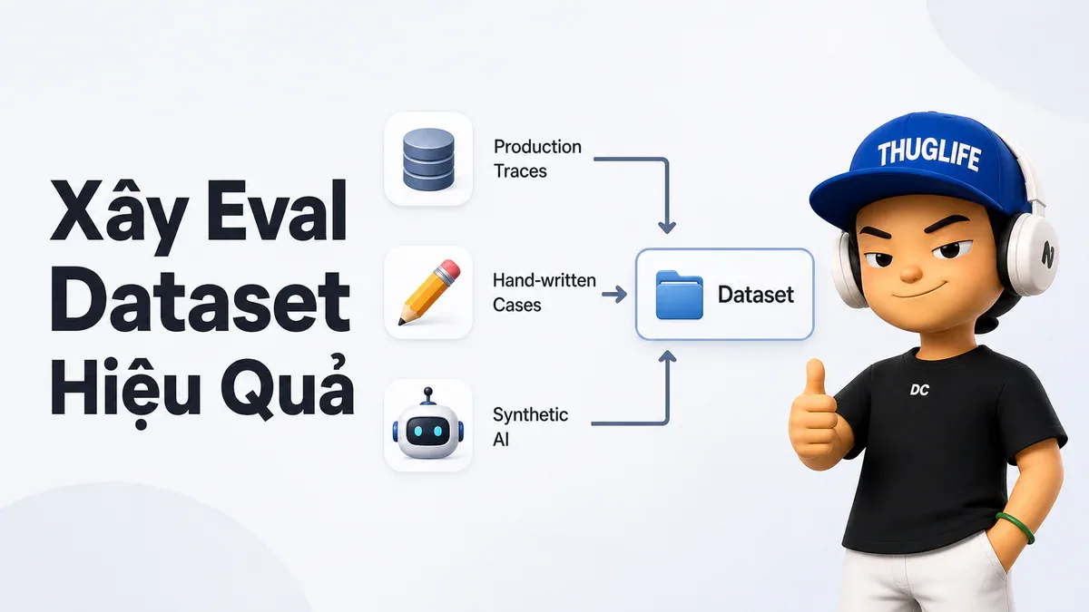 3 nguồn dữ liệu để xây eval dataset: Production Traces, Hand-written Cases, Synthetic AI