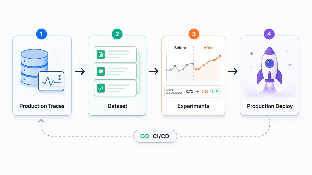 Pipeline từ Production Traces đến Dataset, Experiments, Production Deploy với CI/CD loop