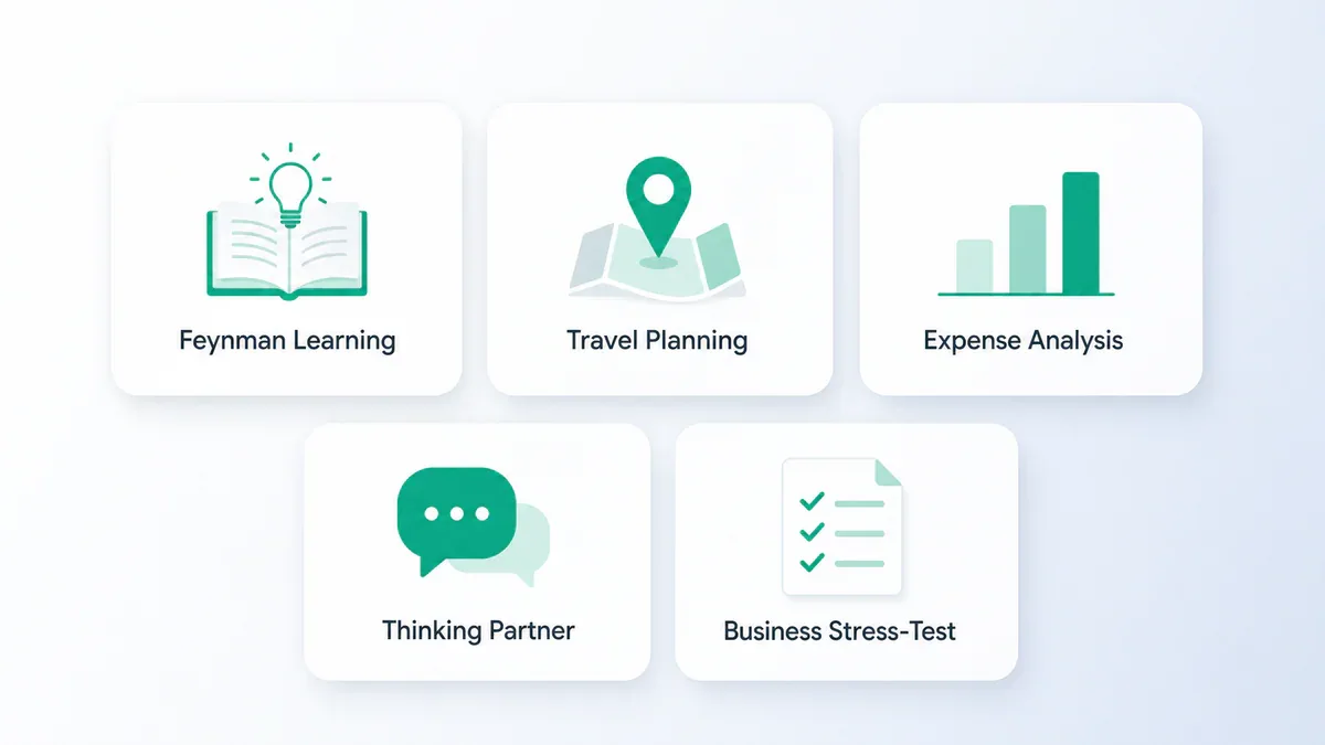 5 use cases grid: học Feynman, du lịch, chi tiêu, thinking partner, business stress-test