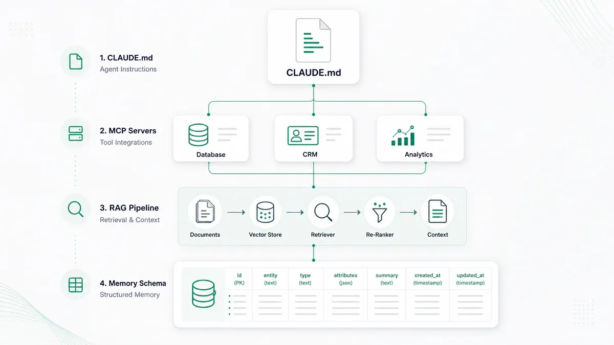 Context engineering - kiến trúc thông tin cho AI agent: CLAUDE.md, MCP servers, RAG pipeline, Memory schema