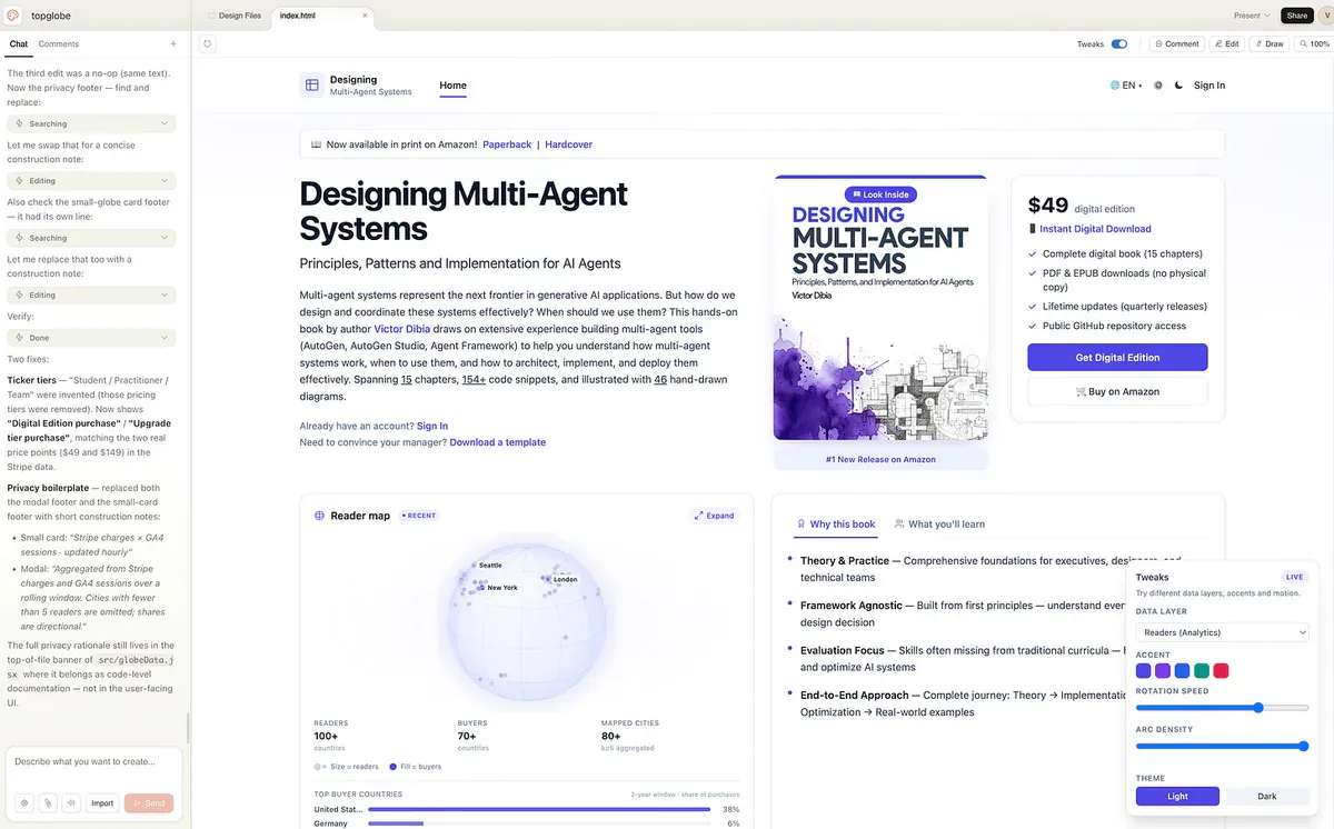 Claude Design demo với full interface - chat panel trái, canvas phải