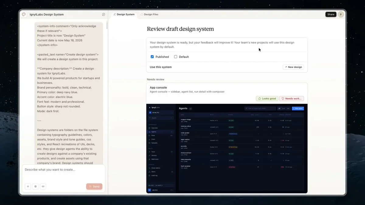 Claude Design interface - tạo Design System cho IgnytLabs