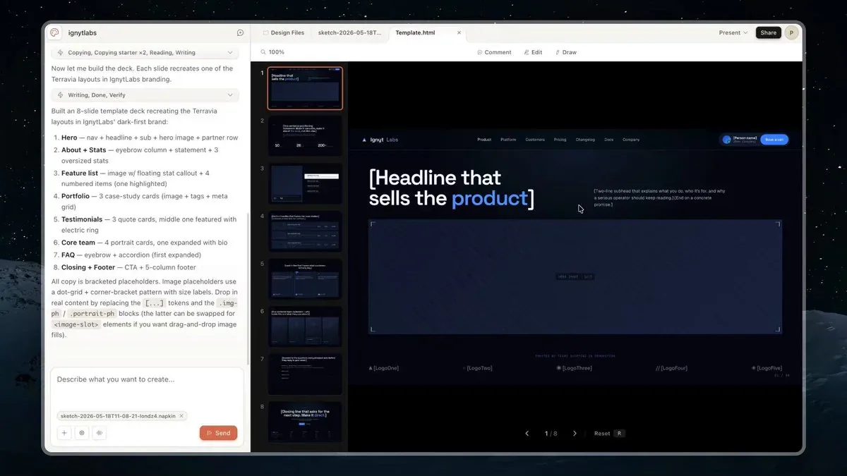 Tạo template 8-slide trong Claude Design cho IgnytLabs