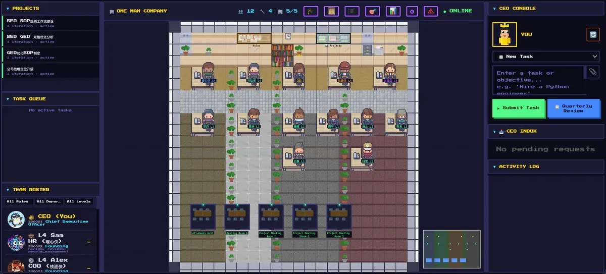 Giao diện văn phòng pixel-art của OneManCompany với các AI employees tại bàn làm việc