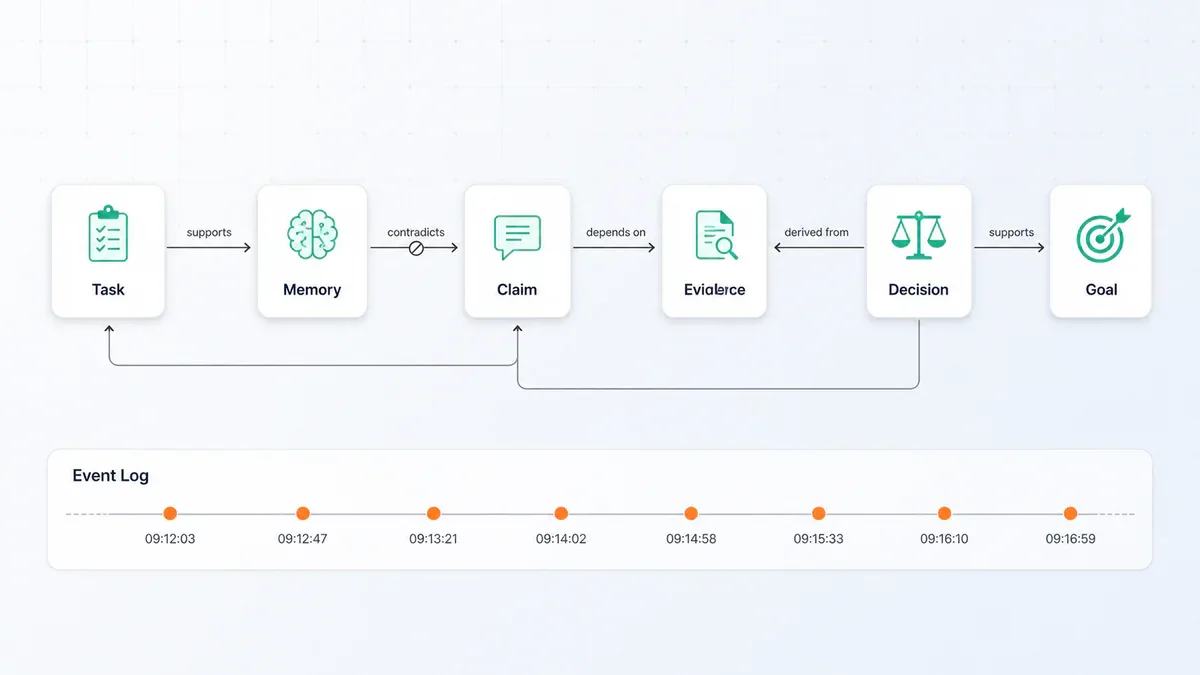 Diagram kiến trúc ActiveGraph: state nodes kết nối bằng semantic relations, Event Log timeline bên dưới