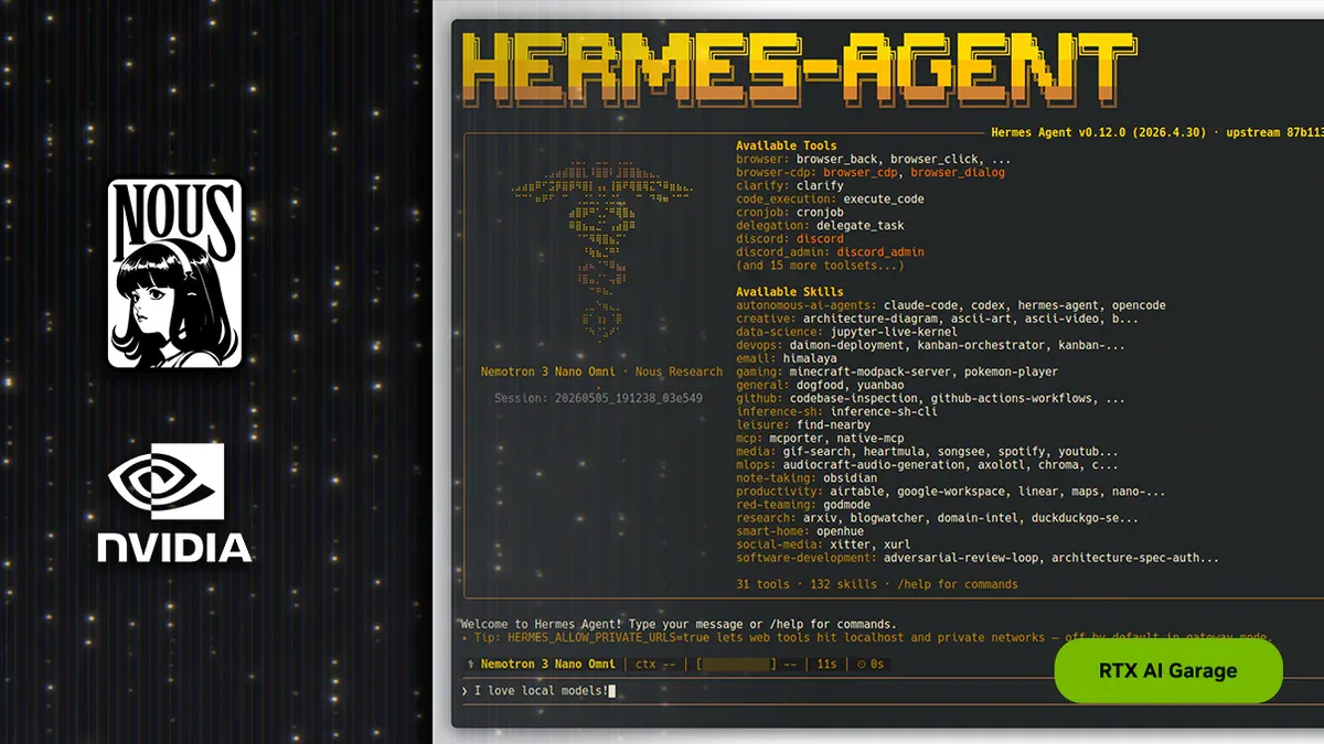 NVIDIA RTX AI Garage x Hermes Agent - terminal UI với 31 tools và 132 skills