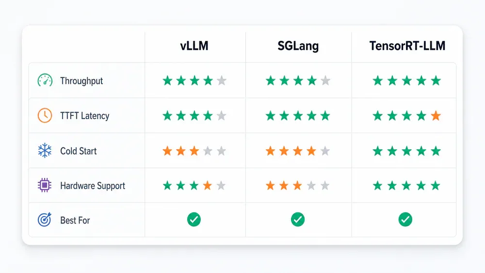 Feature matrix so sánh vLLM, SGLang và TensorRT-LLM