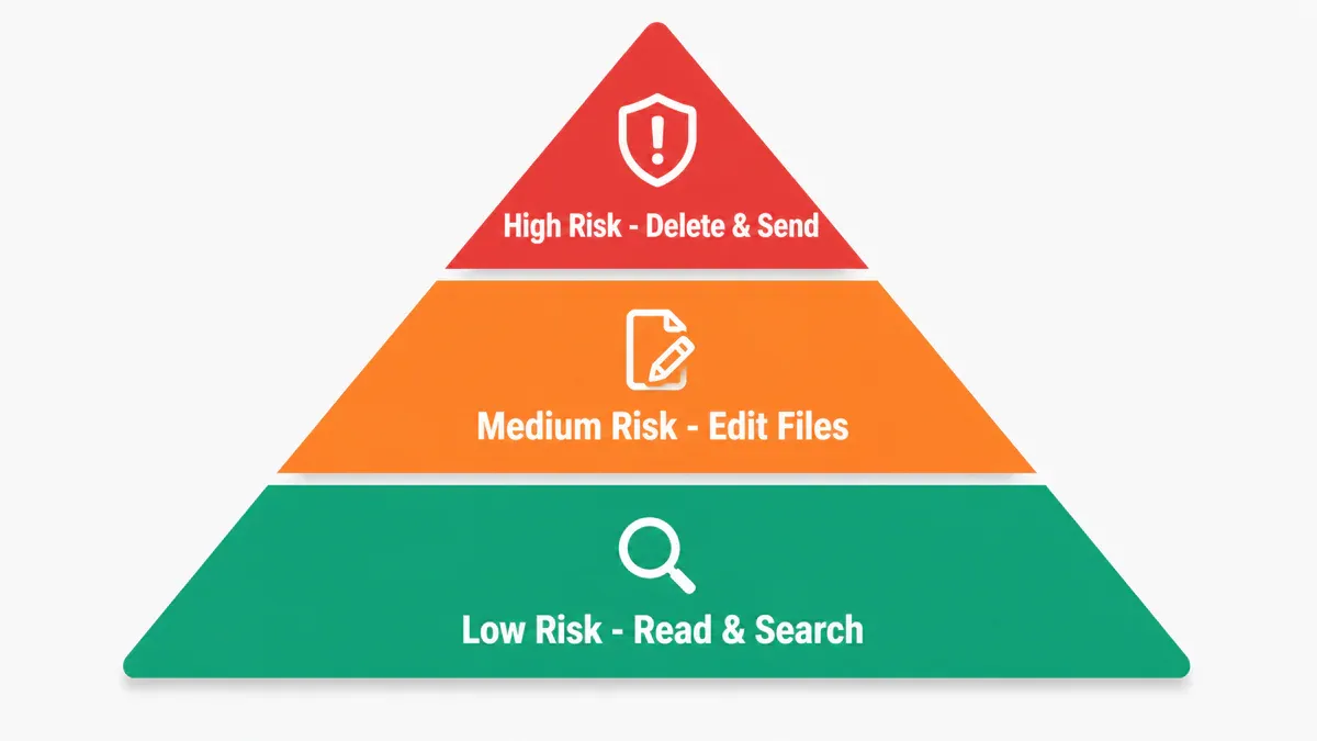 Permission model phân loại rủi ro: Low Risk tự động thực thi, Medium Risk ghi log, High Risk cần user xác nhận