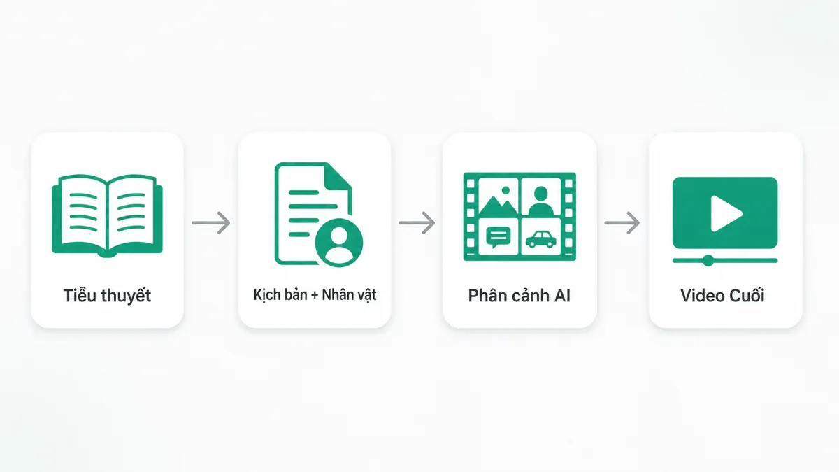 Pipeline 4 bước của Toonflow: Tiểu thuyết - Kịch bản và Nhân vật - Phân cảnh AI - Video Cuối